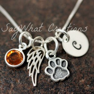 Pet Memorial Necklace Hand Stamped with Paw Print and Angel Wing Charms image 2