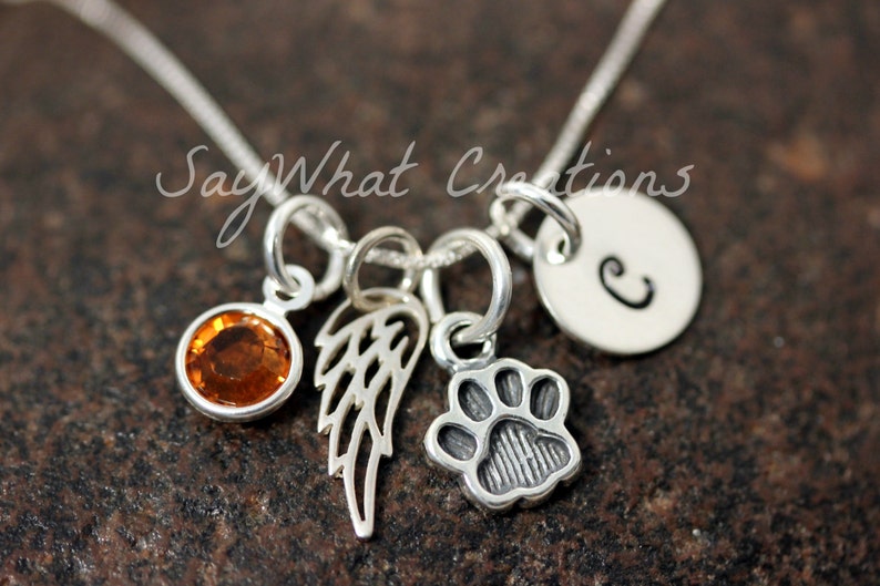 Pet Memorial Necklace Hand Stamped with Paw Print and Angel Wing Charms image 2