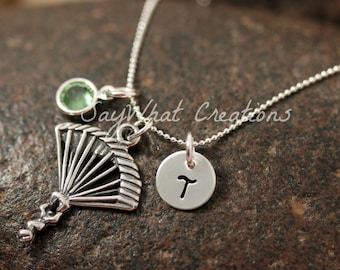 Sterling Silver Parachute Charm Necklace with Mini Hand Stamped Initial and Birthstone for Sky Diving or Parachuters