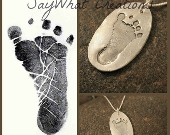 Your baby or child's ACTUAL footprints made into silver pendants  Single footprint necklace