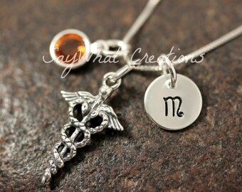 Sterling Silver Mini Initial Hand Stamped Medical Charm Caduceus Necklace