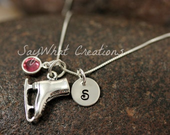 Sterling Silver Mini Initial Hand Stamped Ice Skate Charm Necklace Figure Skater Ice Skater