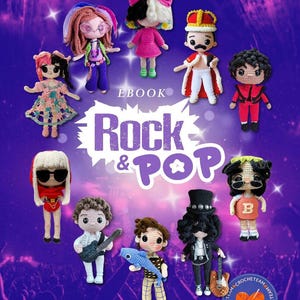 Puede incluir: Una colección de muñecos de ganchillo que representan figuras icónicas, dispuestos alrededor del texto "Rock & Pop". Los muñecos presentan colores vibrantes y trajes detallados, incluyendo un muñeco con corona y un muñeco con sombrero de copa. El fondo es morado.