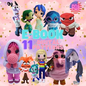 Puede incluir: Una colección de once patrones de muñecas de ganchillo inspirados en los personajes de la película de animación Del revés. Las muñecas son de varios colores y atuendos, con el texto "E-BOOK 11 DIGITAL PATTERNS" en el centro.