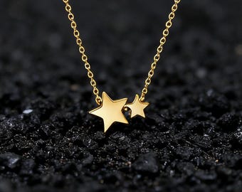 Collar de doble estrella de oro de 18 quilates: joyería celestial minimalista, cadena para superponer.