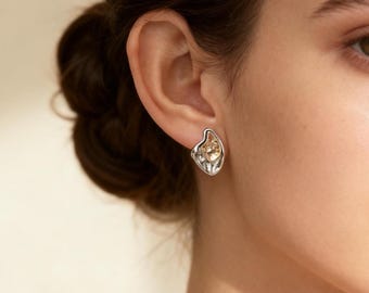 Irregular Two-Tone Studs: Molten Abstract Earrings, Minimalist Metal Jewelry