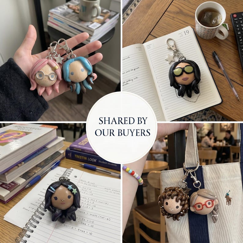 May include: A collection of character keychains featuring sculpted heads with various hair colors, styles, and accessories, including glasses, hair clips, and star charms, all attached to silver-toned metal lobster claw clasps.