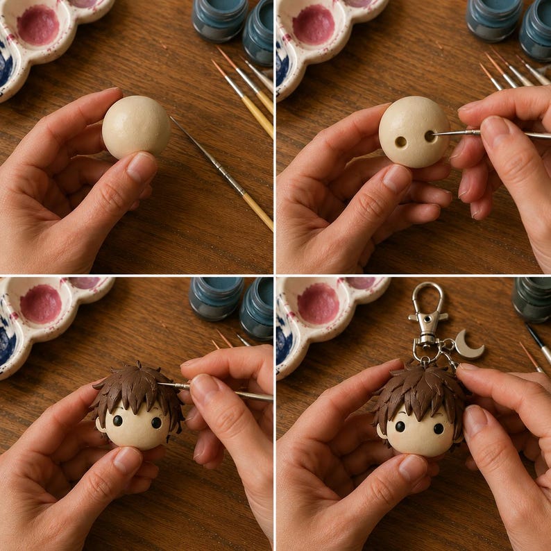 May include: A four-part sequence showing the creation of a small, round, beige character head keychain. The process includes shaping a smooth sphere, carving two circular eye sockets, adding sculpted brown hair, and attaching a silver metal keychain.