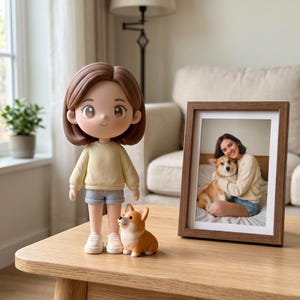 May include: A figurine of a person wearing a yellow sweater and blue shorts, with a corgi dog figurine. A framed photo of a person with a corgi dog is also on the table. The items are on a wooden table.