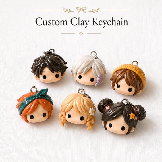 Custom Figurine Head Keychain, Personalized Polymer Clay Charm, Couple Gift