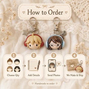 May include: Two custom character keychains with metal clasps. One features a blonde figure with red headphones and a star charm, the other a brown-haired figure with blue headphones and glasses. Includes a four-step How to Order guide with icons.