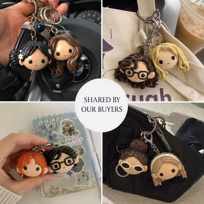 May include: A collection of custom character keychains featuring miniature sculpted heads with various hairstyles, hair colors, and accessories like glasses and headbands, attached to silver-toned metal key rings and lobster claw clasps.