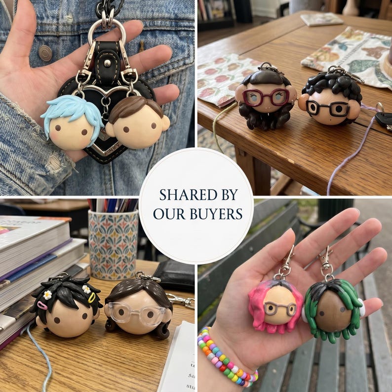 May include: A collection of custom-made polymer clay character keychains featuring various hairstyles, hair colors, and accessories like glasses and hair clips. Each keychain includes a metal lobster clasp for attachment to bags or keys.