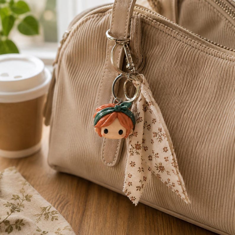 May include: A beige corduroy handbag featuring a silver metal keychain with a small, round, orange-haired character head charm wearing a dark green headband, accompanied by a dangling off-white fabric ribbon with a brown floral print pattern.