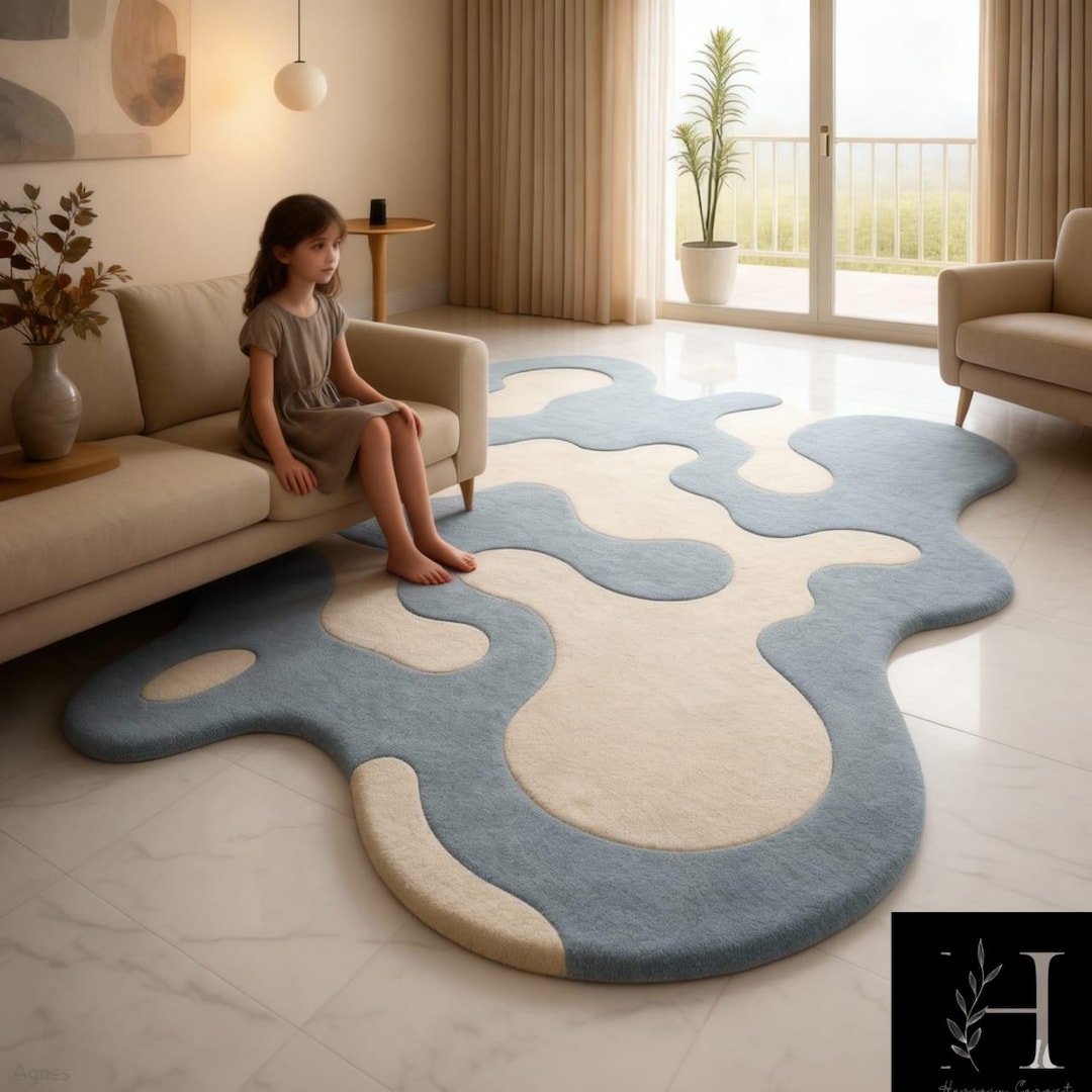 Hand Tufted Wool Rug: Cream & Blue Abstract Area Rug - Etsy