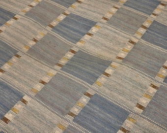 Handwoven Flatweave Rug, Blue Gray Geometric Kilim Carpet, Beige Checkered Area Rug, Modern Neutral Wool Rug