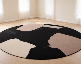 Round Abstract Area Rug | Black Beige Modern Rug | Contemporary Minimal Home Decor