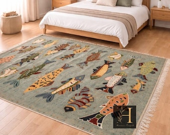 Handknotted Wool Runner Rug – Green Koi Fish Design, Coastal Style Carpet