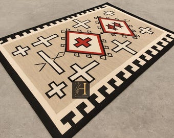 Southwestern Decor Wool Area Rug - Geometric Tribal Pattern Area Rug - Bohemian Kilim Style Rug for Home Decor