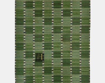 Green Flat Weave Wool Rug, Handmade Kilim Area Rug, Modern Checkered Rug, Scandinavian Boho Carpet, Custom Size Floor Rug