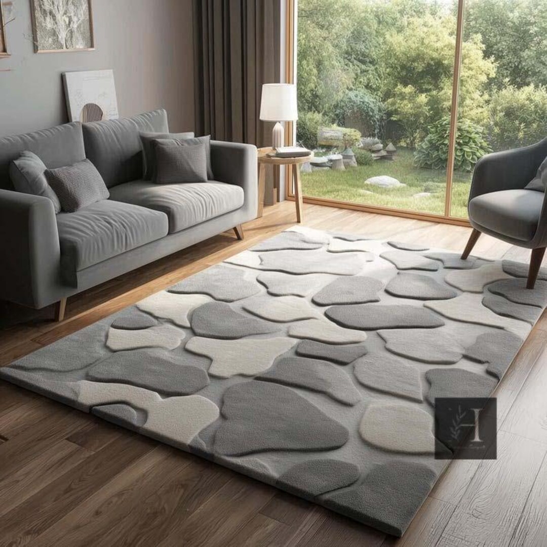 3D Pebble Design Area Rug | Soft Grey Beige Stone Carpet, Wool - Etsy
