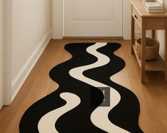 Handmade Wavy Runner Rug: Black and White Abstract Hallway Carpet