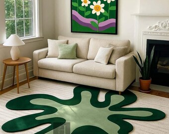Organic Abstract Hand Tufted Rug – Modern Green Splash Shape Area Rug for Living Room Decor