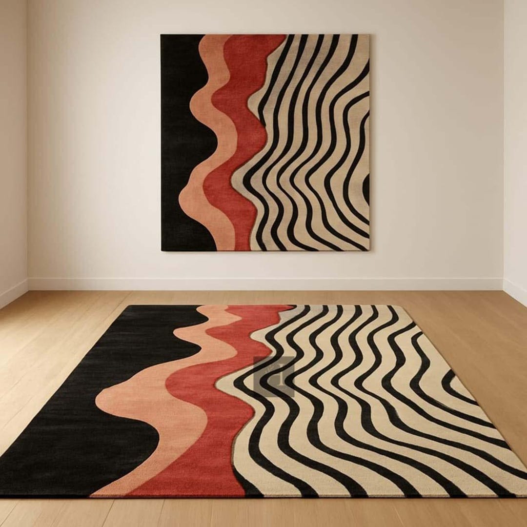 Red Wavy Rug Modern Wavy Abstract Rug | Black, Beige & Red Geometric Area Carpet ...