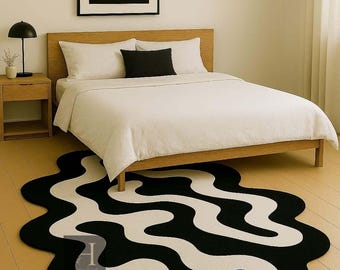 Hand-Tufted Wool Rug, Black & White Abstract Wavy Carpet,
