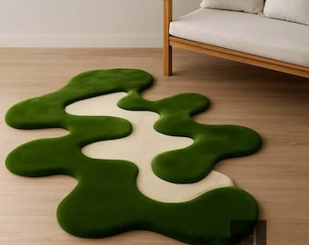 Abstract Moss Green Rug: Handmade Tufted Wool Blend, Wavy Design
