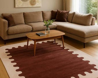 Handmade Brown & Beige Wavy Edge Area Rug | Scandinavian Decor