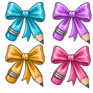 Pencil Bow Clipart Bundle |Cute School Supplies PNG, Back to School Teacher Graphics Classroom Decor Digital Download, Preppy Bow Pencil Art