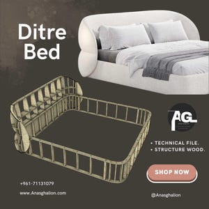 Op de afbeelding: Een afbeelding van een Ditre Bed, met een houten frame model en een volledig ingericht bed met wit beddengoed. De tekst "Ditre Bed" wordt weergegeven, samen met het logo van het merk en contactgegevens. Het ontwerp suggereert een moderne esthetiek voor slaapkamermeubilair.
