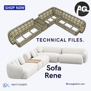 Op de afbeelding: Een witte, modulaire bank met een houten dienblad, getiteld "Sofa Rene". Boven, een technische tekening van het frame van de bank wordt getoond. De afbeelding bevat de tekst "TECHNICAL FILES" en "SHOP NOW".