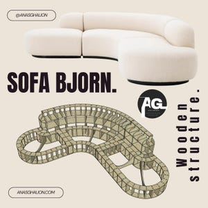 May include: A cream-colored, curved sofa with a rounded design, labeled "SOFA BJORN." Below, a diagram shows the wooden structure of the sofa. The text "Wooden structure" is displayed vertically. The image includes the website anasghalion.com.