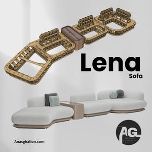 May include: A contemporary modular sofa set, the "Lena" sofa, in a light neutral tone. The design features a curved chaise longue, two armless seats, and a small side table. A 3D model of the sofa's frame is also shown.