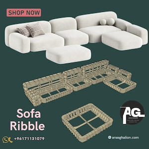 May include: A modular white sofa with a matching ottoman and decorative pillows. Below, the sofa's internal frame is displayed, along with a single frame component. The text "Sofa Ribble" is visible, along with a "Shop Now" button.