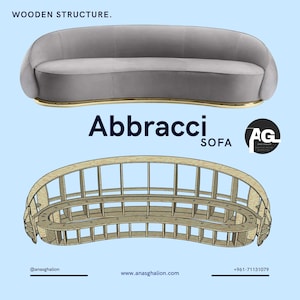 Könnte beinhalten: Ein graues Samtsofa mit goldenem Besatz, beschriftet mit "Abbracci SOFA". Darunter ist eine Holzstruktur des Sofas abgebildet. Das Bild enthält auch den Text "WOODEN STRUCTURE."
