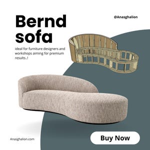 Może przedstawiać: Beżowa sofa Bernd o zakrzywionym kształcie. Obraz przedstawia również drewnianą ramę sofy. Tekst na obrazie mówi "Bernd sofa" i "Buy Now".