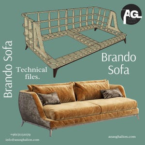 Puede incluir: Imagen del sofá Brando. La imagen muestra una vista seccionada del marco del sofá y un sofá completamente ensamblado. El sofá ensamblado es de terciopelo color mostaza con dos cojines a juego y dos cojines marrones más pequeños. Se muestra el texto "Brando Sofa".