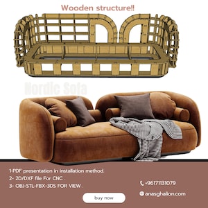 Puede incluir: Un sofá nórdico moderno marrón con un diseño curvo, con cojines afelpados y una manta. Arriba, se muestra un modelo de estructura de madera. La imagen incluye texto: "Wooden structure!!" y "Nordic Sofa".