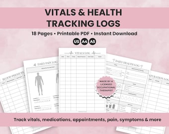 Vitals + Health Tracking Logs PDF | Printable Pain, Symptom, Medication and Vitals Trackers for Chronic Illness, Caregivers and Recovery