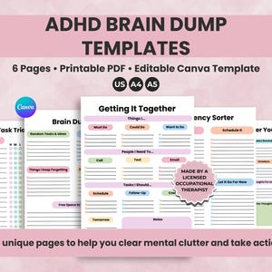 Puede incluir: Plantillas de descarga mental para TDAH con 6 páginas, PDF imprimible y plantilla de Canva editable. Las plantillas incluyen secciones para tareas, ideas y más. El diseño es en colores pastel con el texto "Made by a Licensed Occupational Therapist".