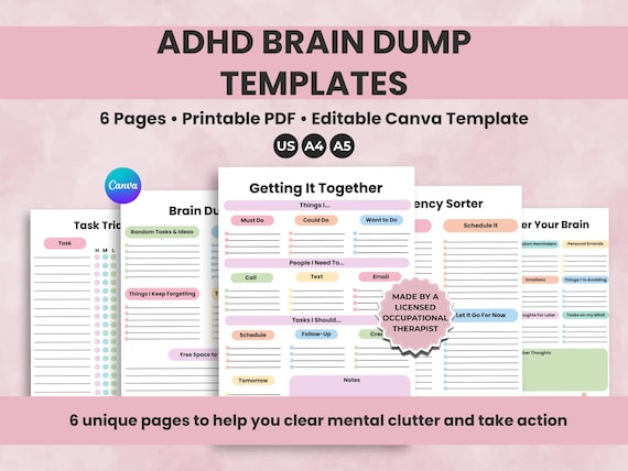 ADHD Brain Dump Templates Printable, Editable Task Tracker, Priority Matrix, To-Do List, Productivity Planner, Thought Organizer Canva