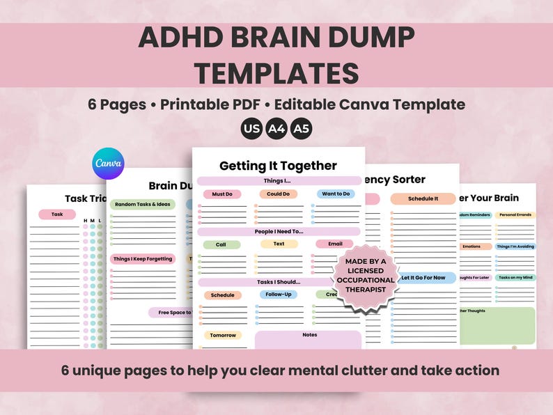 ADHD Brain Dump Templates printable and editable Canva planner. Six unique task sorting and executive function pages created by a licensed occupational therapist.
