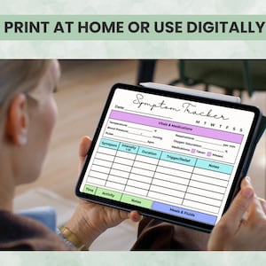 Woman using Daily Health Tracker on tablet — printable and digital-friendly wellness and symptom tracking pages.