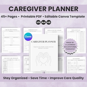 May include: A caregiver planner with 45+ pages, a printable PDF, and an editable Canva template. The planner includes sections for vital logs, care recipient profiles, emergency plans, and medication logs. The planner is designed to help organize care, simplify routines, and track wellness.