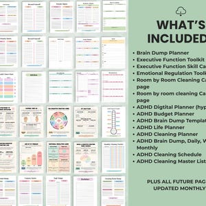 Preview of ADHD planner bundle contents with list of included planners, toolkits, and cleaning systems for ADHD organization.