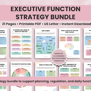May include: A strategy bundle with 21 pages, printable PDF, and instant download. The bundle includes strategies for planning, organization, emotional regulation, and executive function. The text includes "Executive Function Strategy Bundle" and "Made by a Licensed Occupational Therapist."