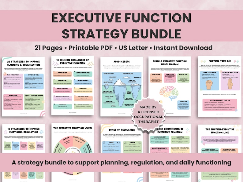 Executive Function Strategy Bundle printable PDF created by a licensed occupational therapist, ADHD executive function visuals and worksheets